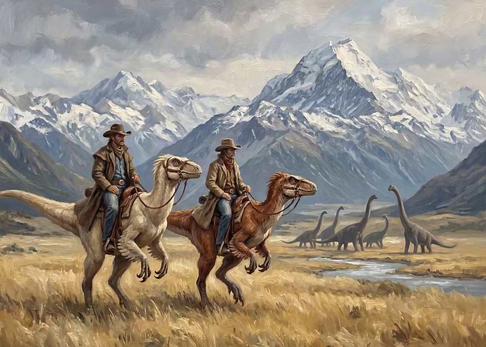 Cowboys Riding Dinosaurs in Mountains