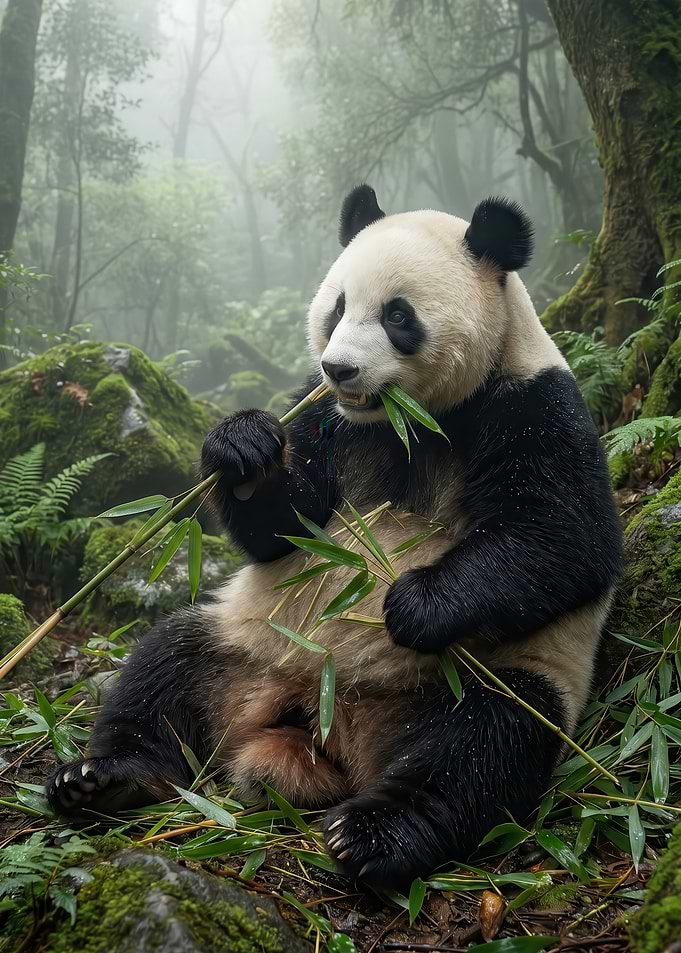 Panda eating bamboo in a misty forest