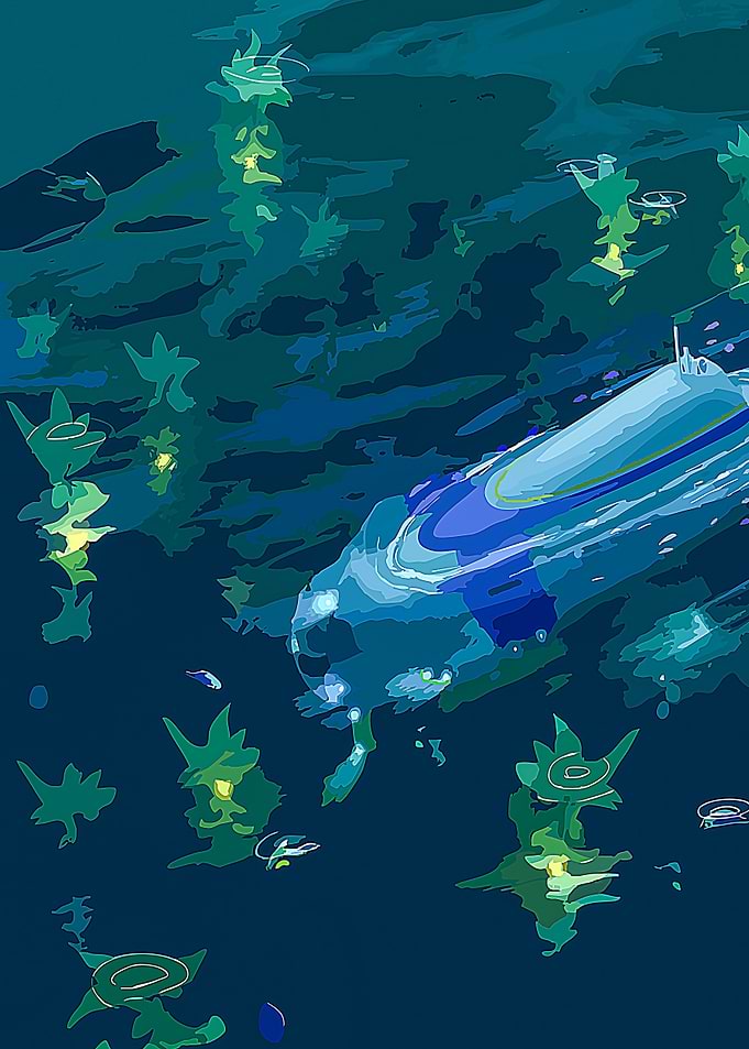Futuristic Submarine in Deep Blue Ocean
