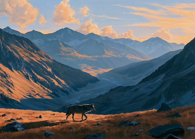 Wolf in a Mountain Valley at Sunset