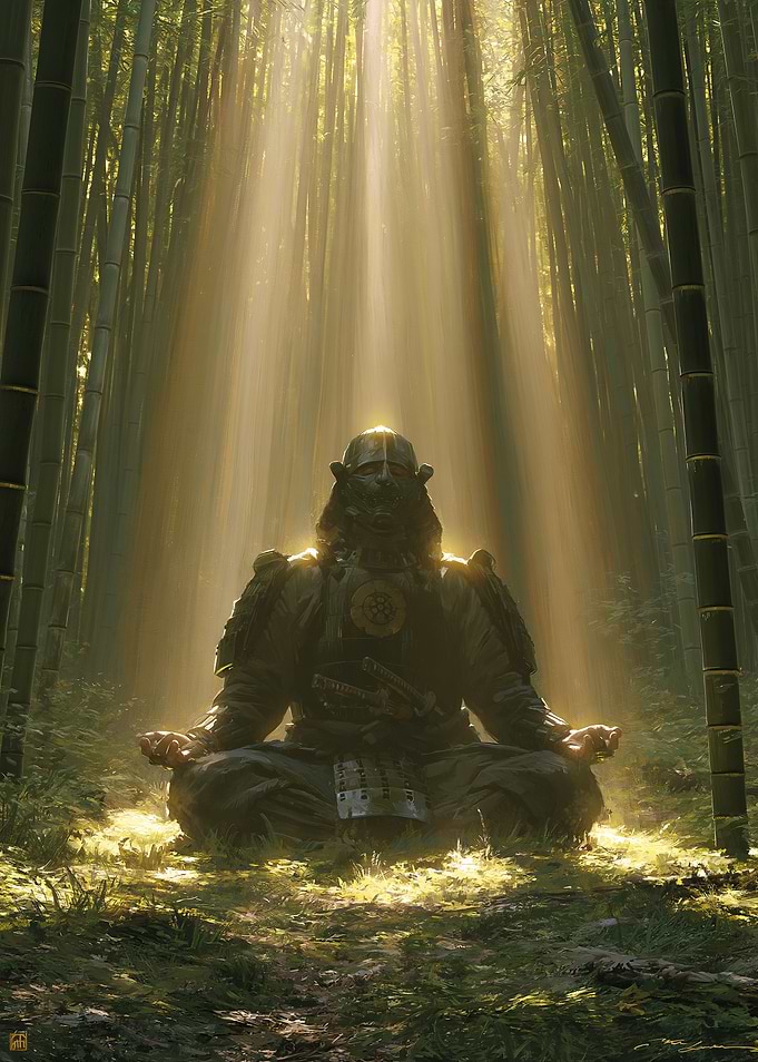 Samurai Meditating in Bamboo Forest