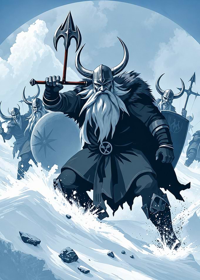 Viking warriors in a snowy landscape