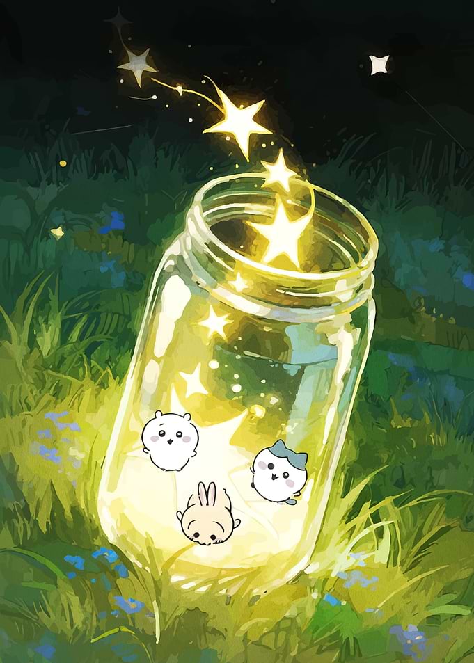 Cute characters in a jar of stars