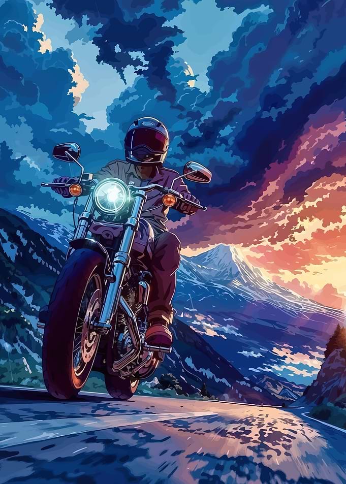 Motorcyclist on Mountain Road at Sunset