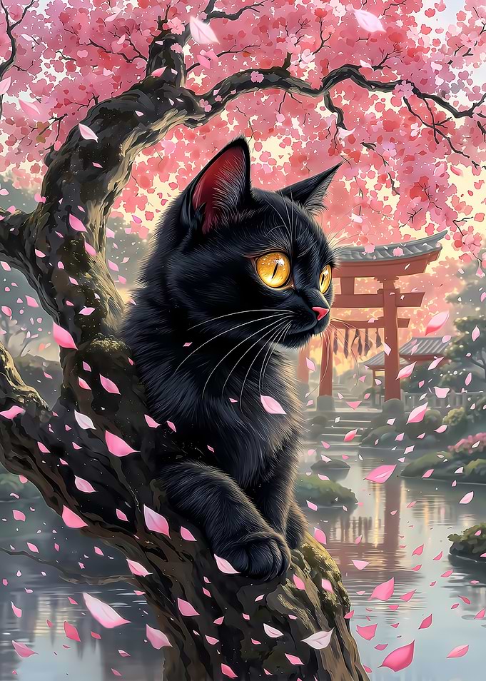 Black Cat in Cherry Blossom Tree - Japanese Garden Art