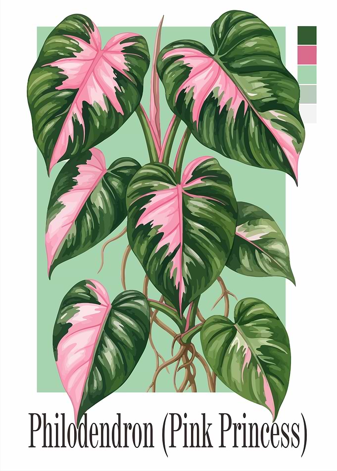 Philodendron Pink Princess Plant Illustration