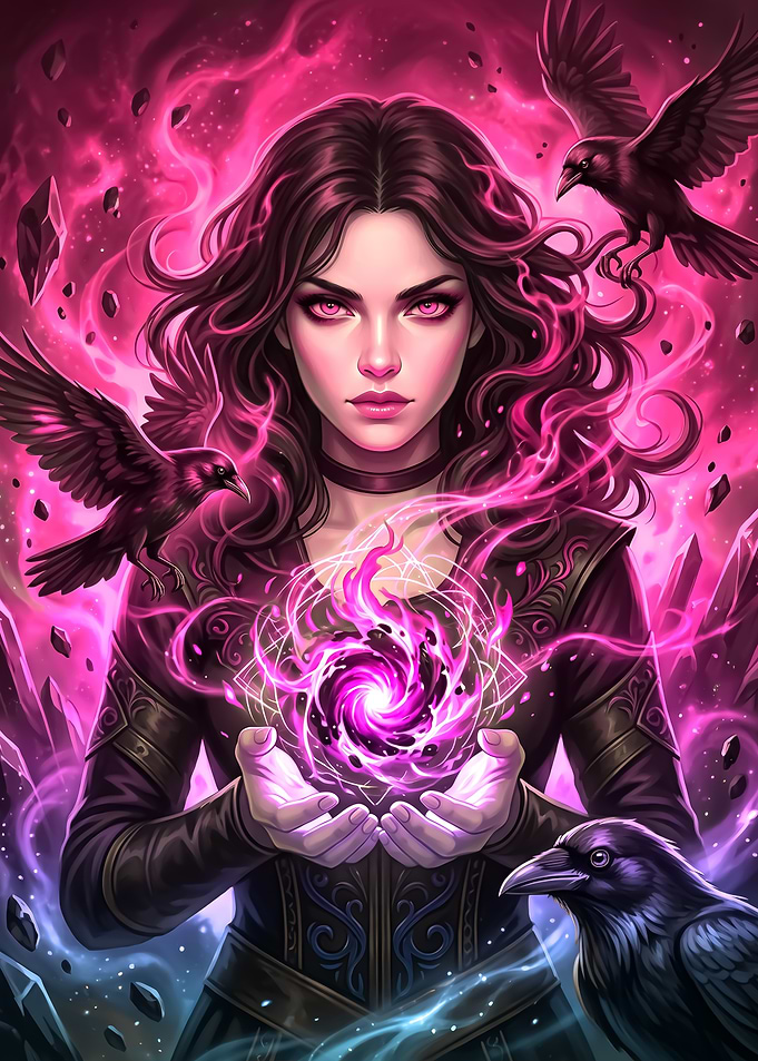 Sorceress with Ravens and Magic Orb