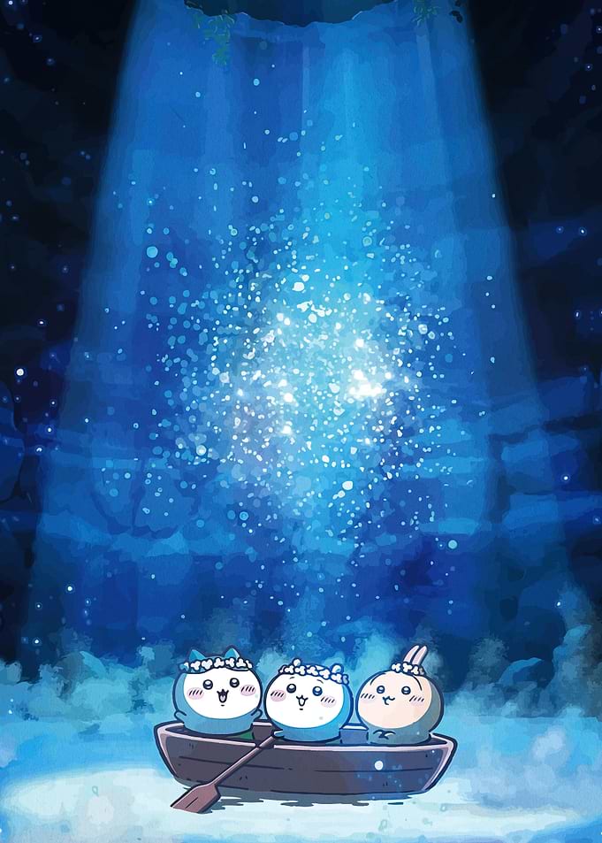Cute characters in a boat under starry light