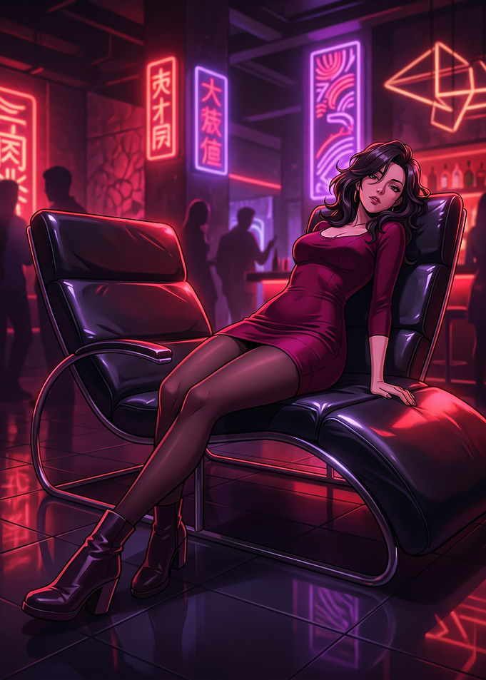 Anime Woman in Red Dress in Neon Bar
