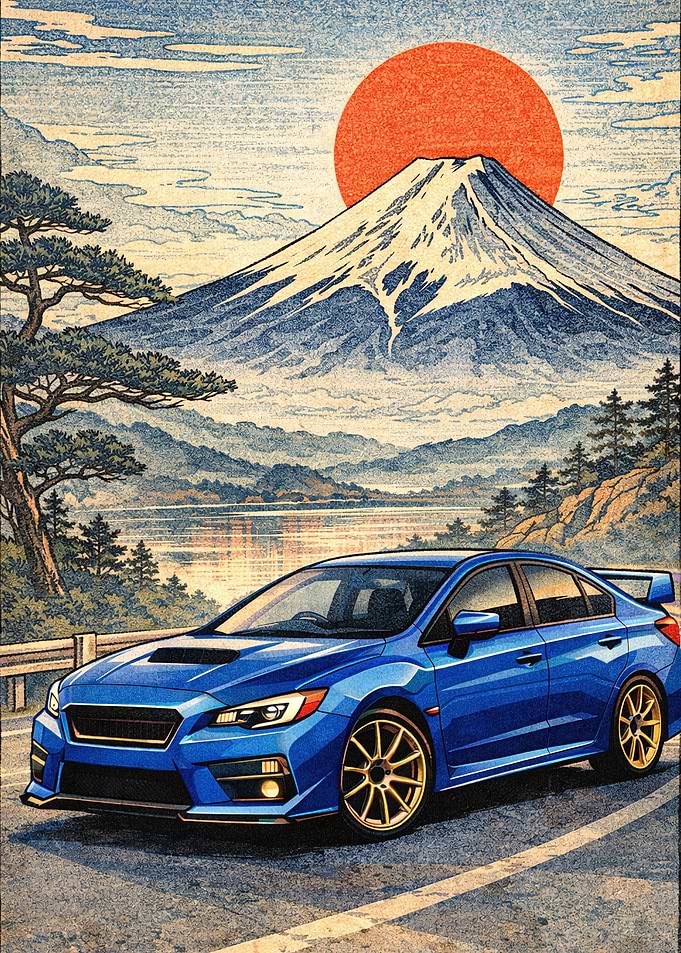 Blue Subaru WRX STI with Mount Fuji