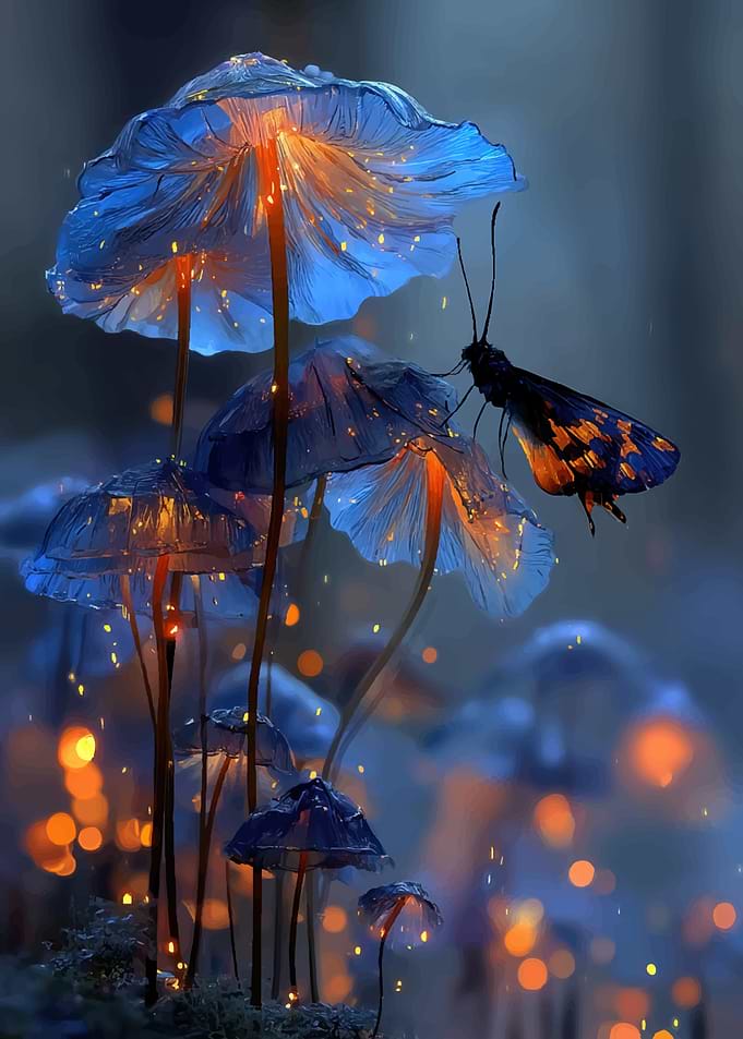 Magical Glowing Mushrooms and Butterfly