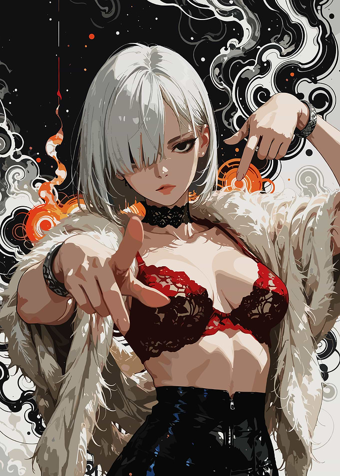 Anime Girl in Red Lingerie and Fur Coat