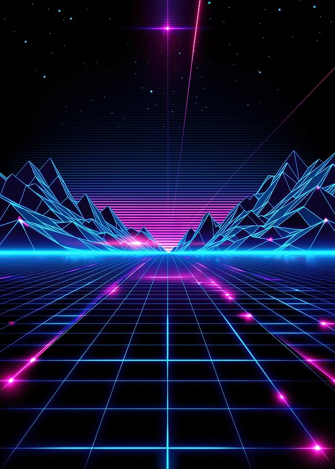 Retro Grid Landscape with Neon Mountains