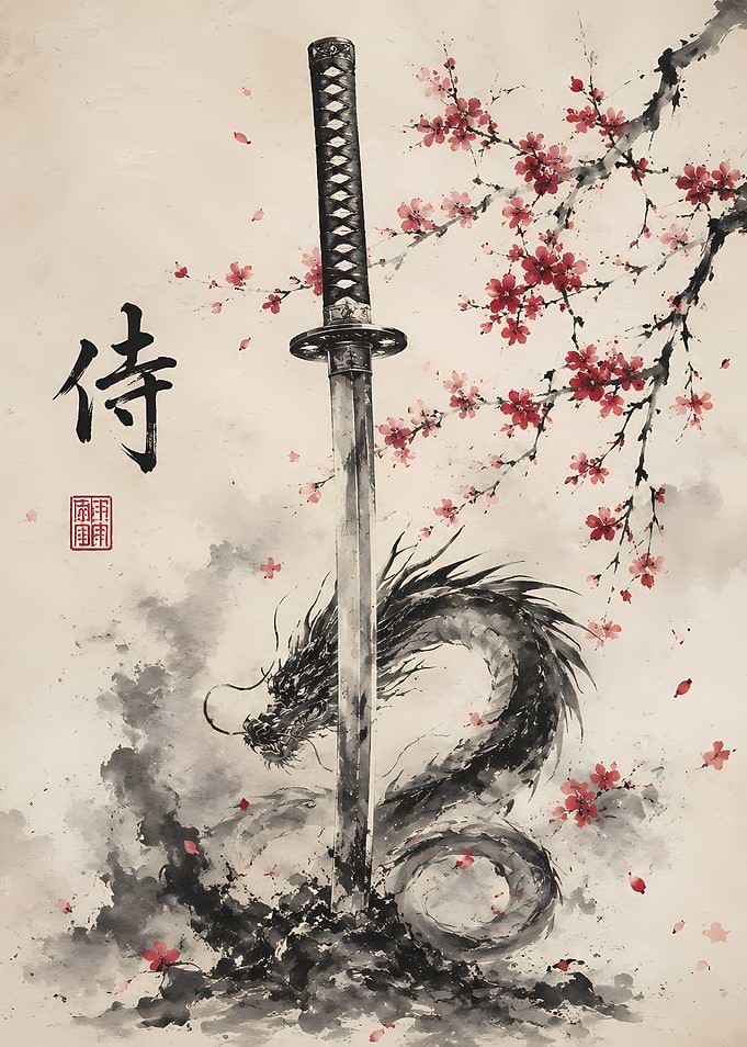 Samurai Sword with Dragon and Cherry Blossoms