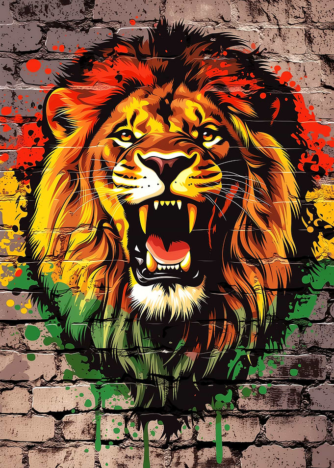 Roaring Lion Graffiti on Brick Wall