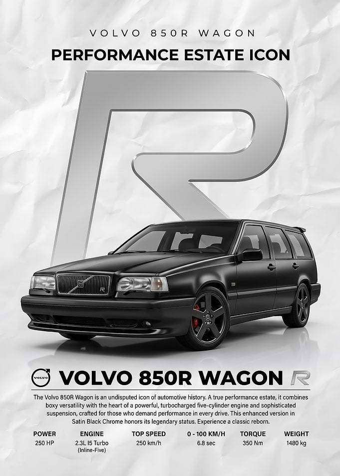 A sleek black Volvo 850R Wagon car icon poster