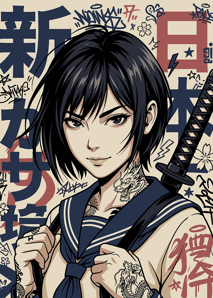 Anime Girl with Katana and Tattoos