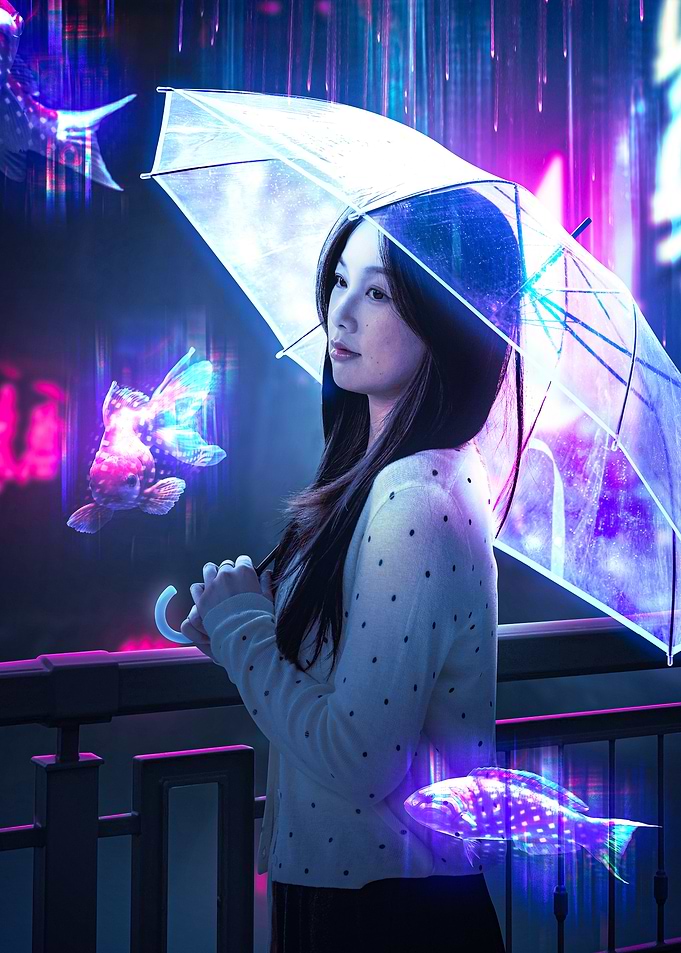 Woman with umbrella in futuristic city