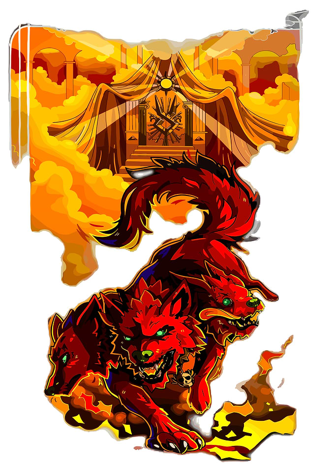 Three-headed hellhound in front of throne
