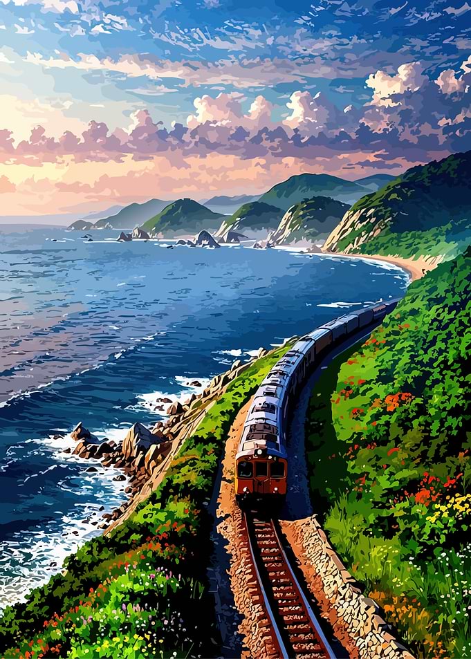 Train traveling along a scenic coastline