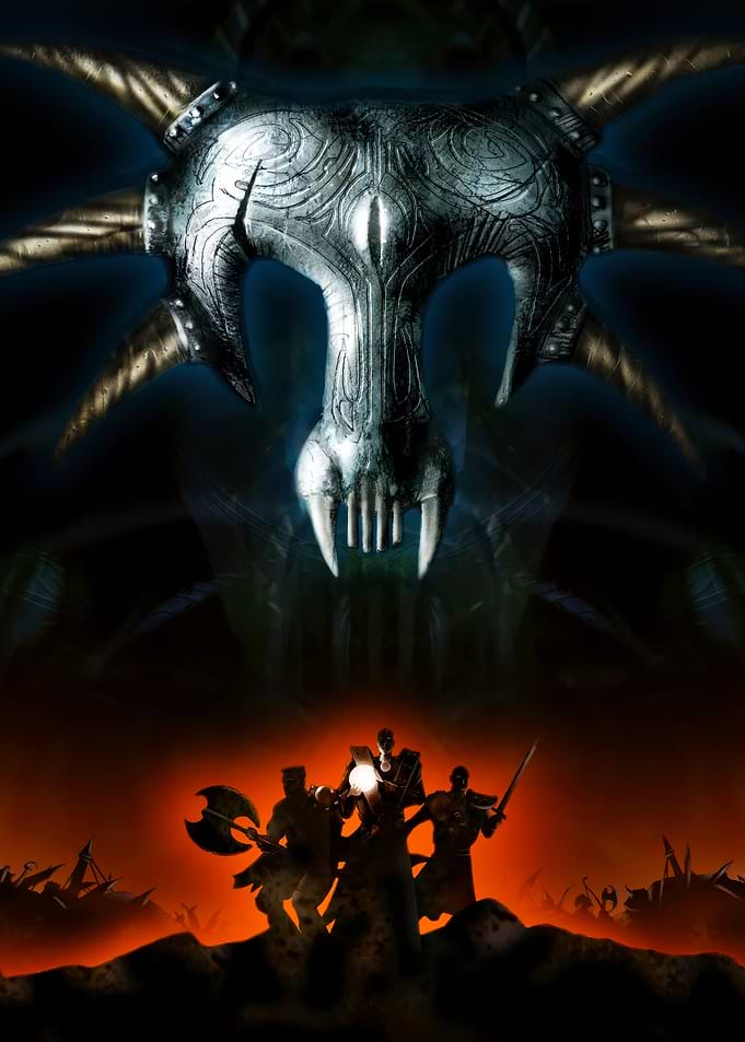 Fantasy Warriors Facing a Giant Skull