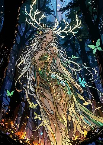 Enchantress with Antlers in a Forest