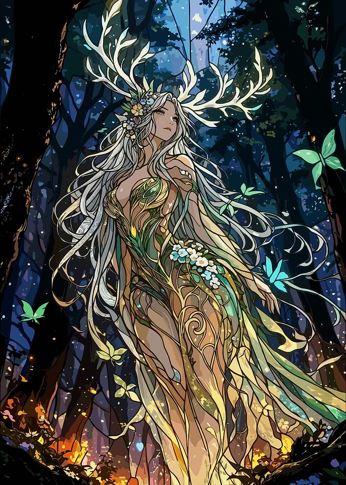 Enchantress with Antlers in a Forest