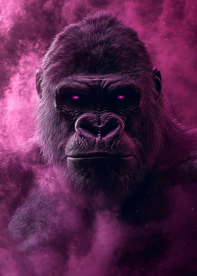 Gorilla with Glowing Purple Eyes