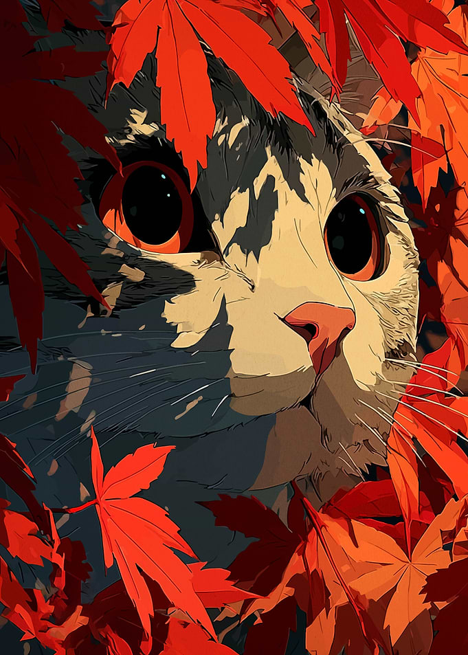 Cat Peeking Through Autumn Leaves