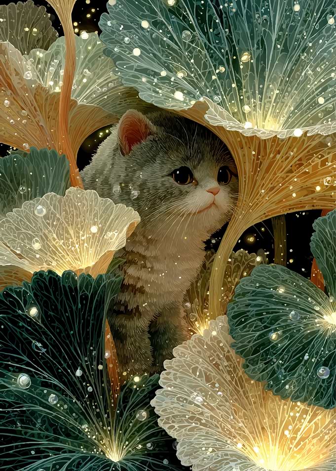 Cute Kitten Peeking Through Glowing Leaves