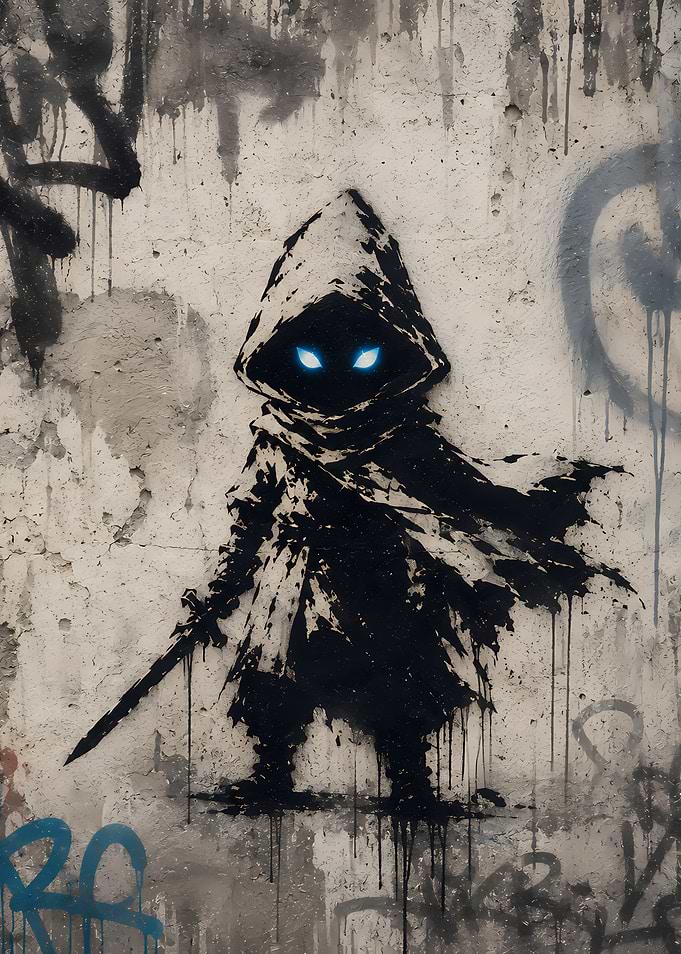 Hooded Figure with Glowing Eyes and Sword