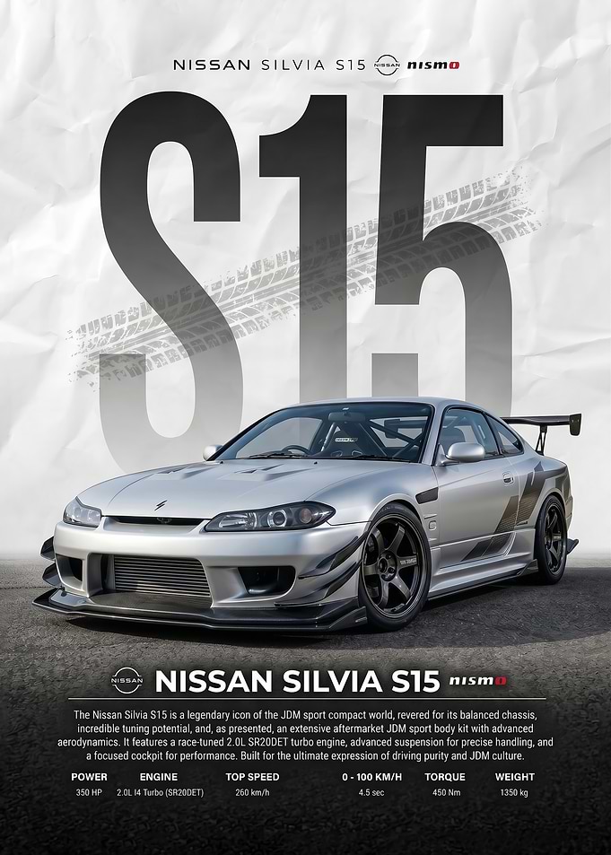sleek silver Nissan Silvia S15 Nismo car poster