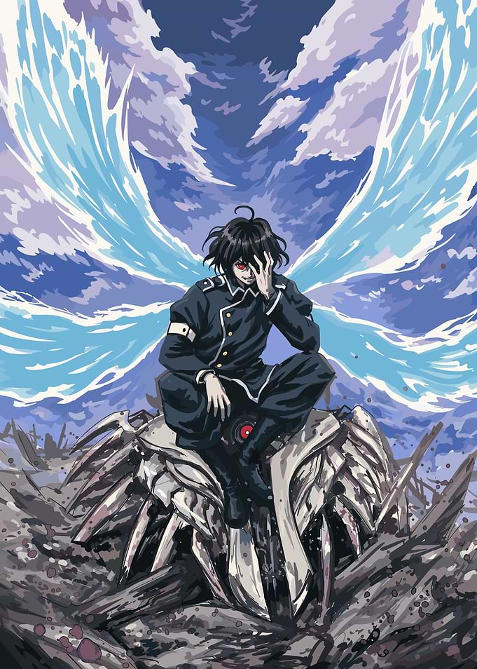 86 Anime character sitting on a destroyed machine