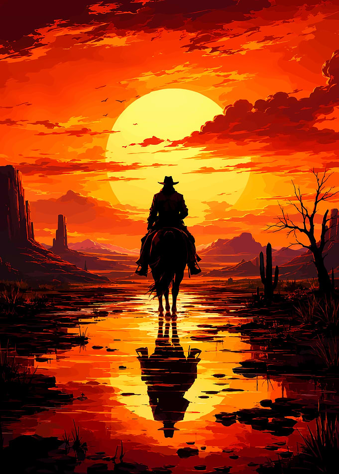 Cowboy Riding Horse at Sunset