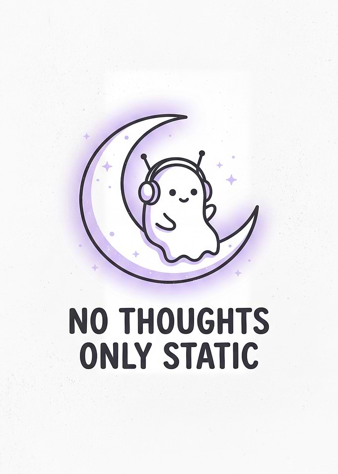 Cute Ghost on Moon with Headphones