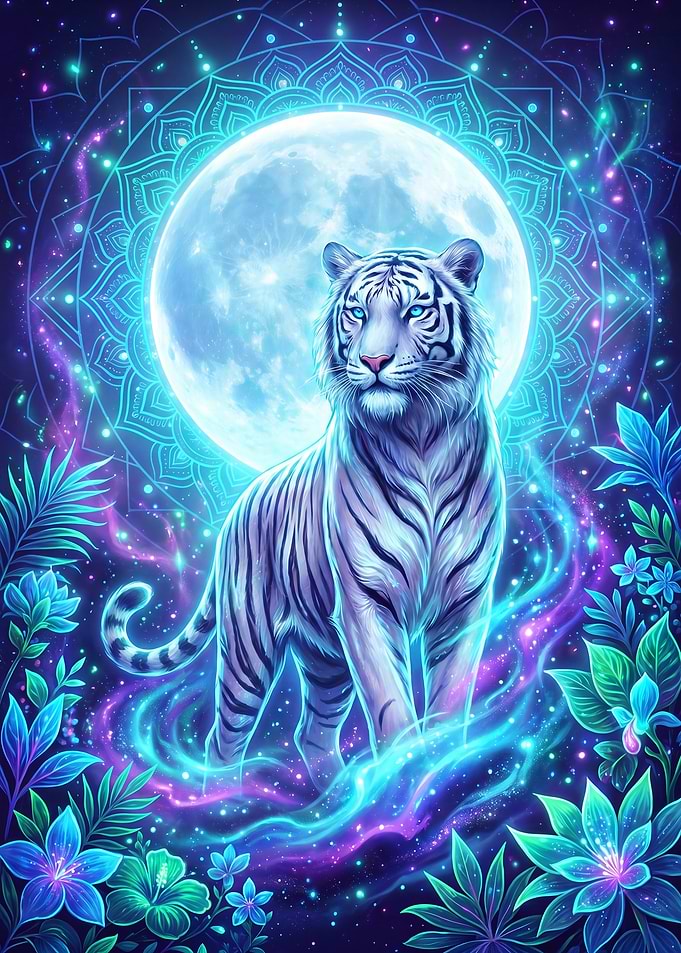 Mystical White Tiger Under the Moon