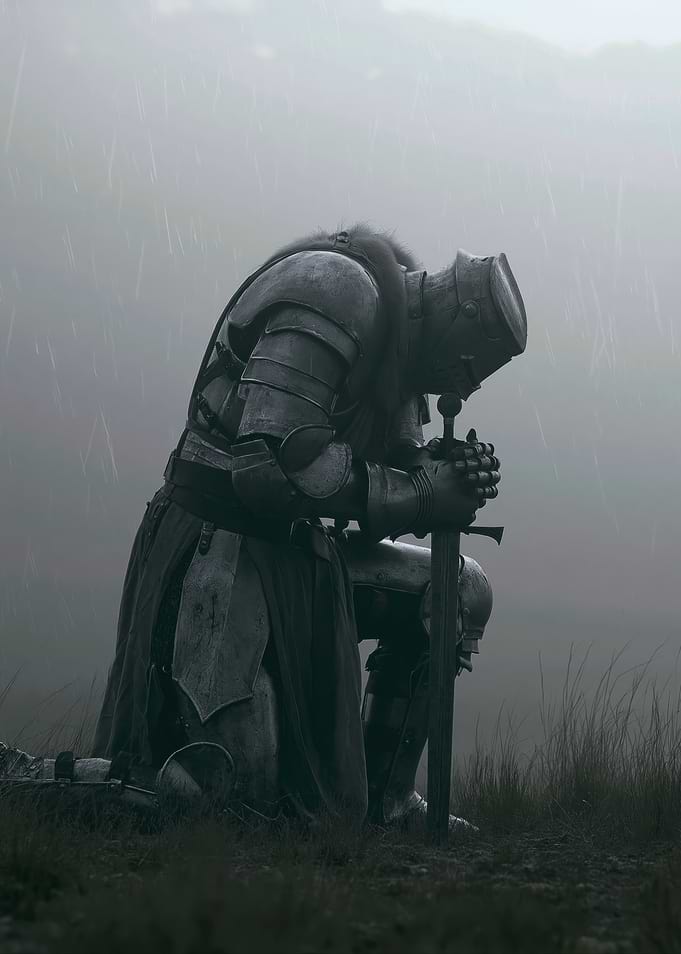 Knight Kneeling in Rain