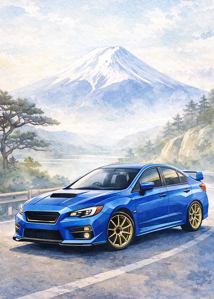 Blue Subaru WRX with Mount Fuji