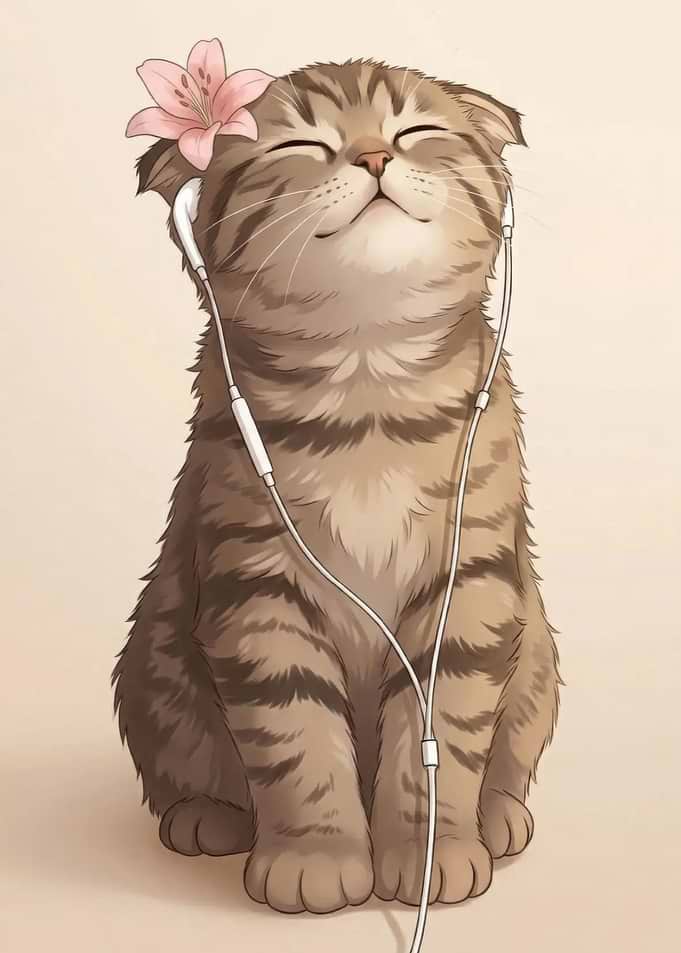 Cute Cat Listening to Music with Flower
