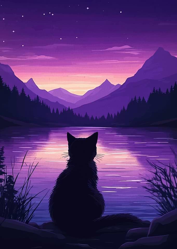 Cat Watching Sunset Over Lake