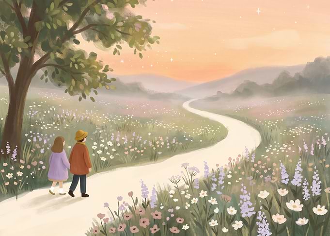 Children walking on a path at sunset