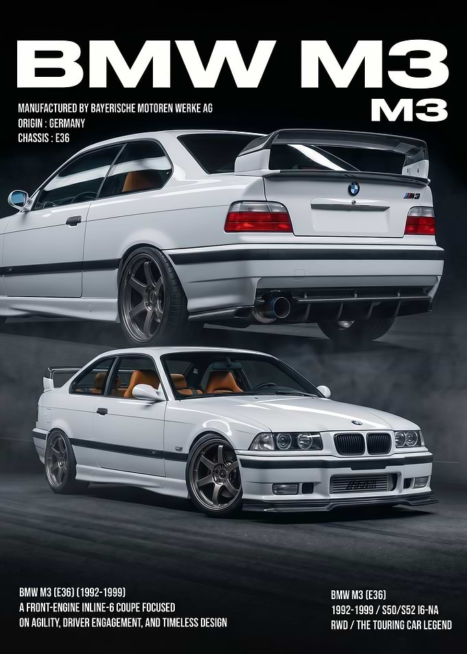 sleek white BMW M3 E36 Car Legend poster