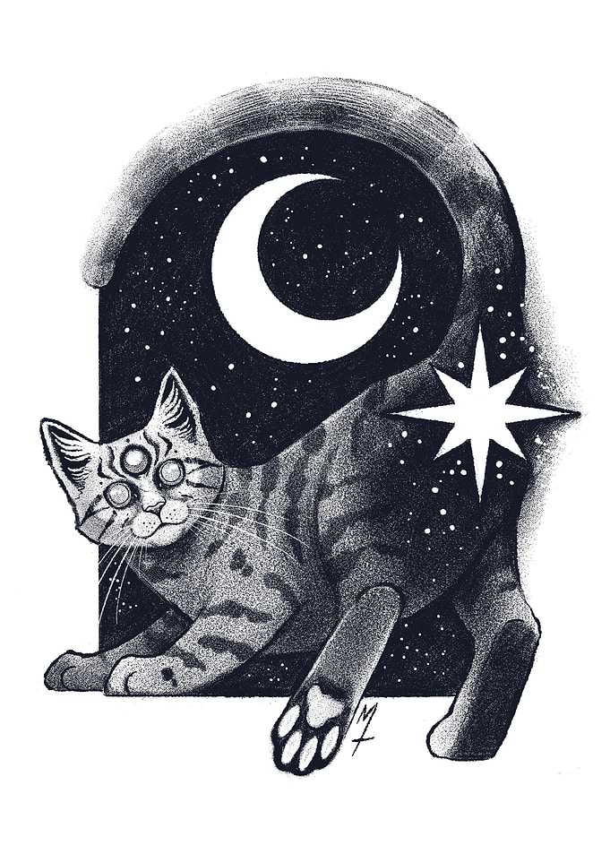 Cosmic Cat with Crescent Moon