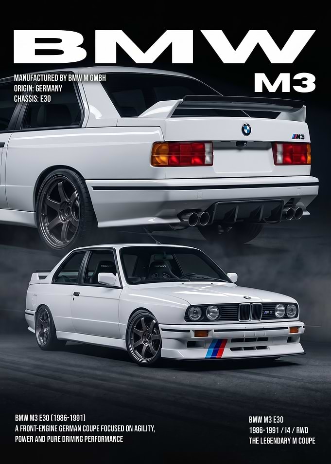 A striking sleek white BMW M3 E30 car poster