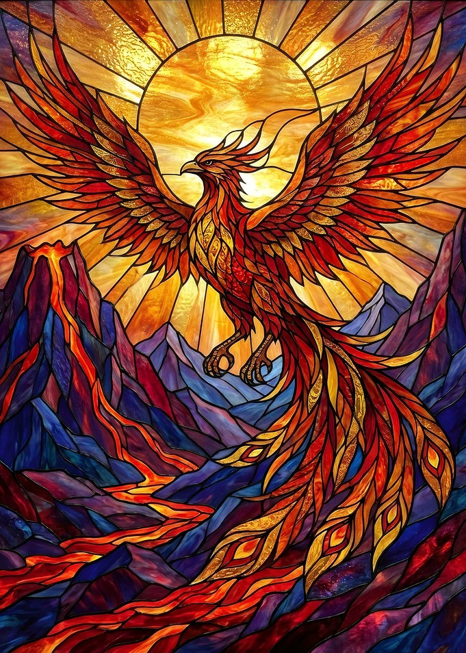 Stained Glass Phoenix Over Volcano