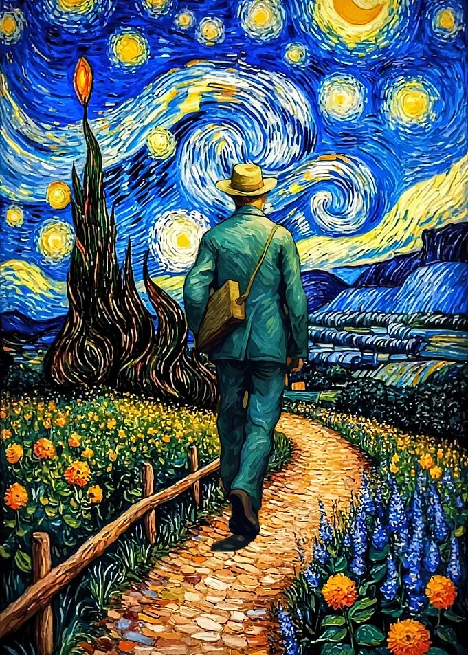 Man Walking Through Starry Night Landscape