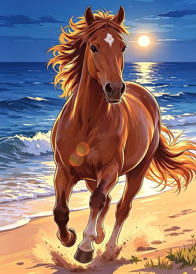 Horse Running on Beach at Sunset
