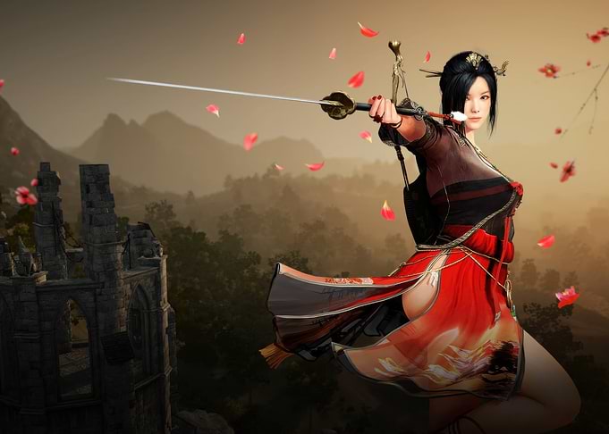 Warrior Woman with Sword and Falling Petals