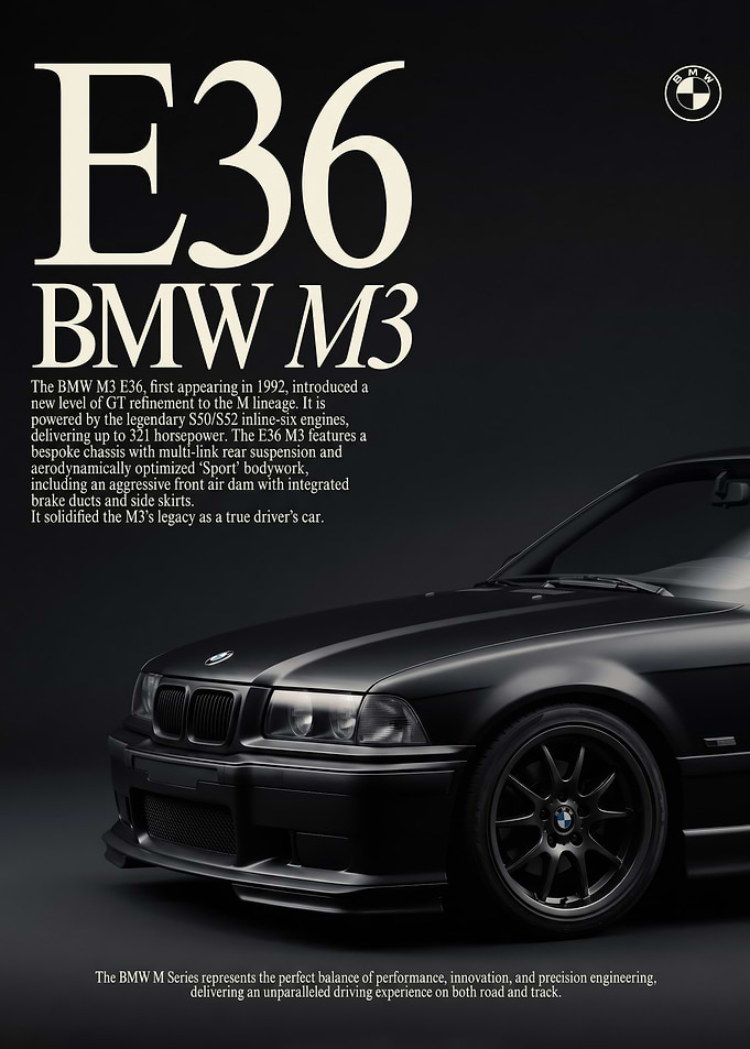 close up sleek black BMW E36 M3 car Pcoster