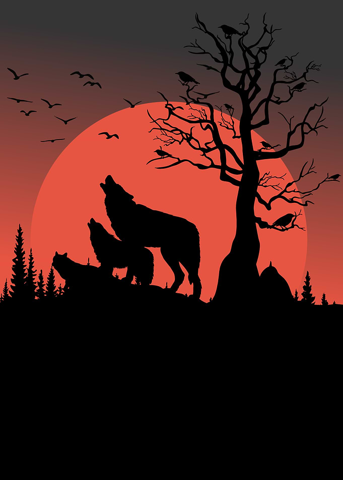 Wolves howling at a red moon